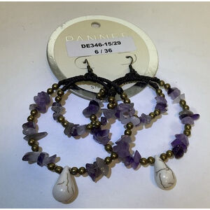 NWT Pannee Amethyst Color Beaded Hoop Earrings Multicolor Tone Dangle Drop 2.5"